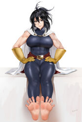 Rule 34 | 1girl, barefoot, black eyes, black hair, boku no hero academia, cape, feet, gloves, hands on own thighs, highres, light smile, long hair, looking at viewer, shimura nana, sleeveless, soles, toes