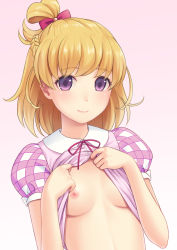 Rule 34 | 1girl, asahina mirai, blonde hair, breasts, clothes lift, eyebrows, gradient background, highres, lifting own clothes, looking at viewer, mahou girls precure!, n.g., nipples, pink background, precure, purple eyes, shirt lift, short hair, small breasts, smile, solo