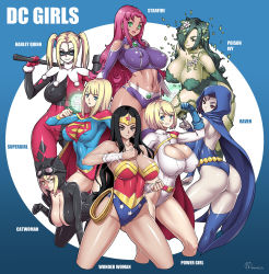 Rule 34 | 6+girls, animal hood, ass, batman (series), breasts, cat hood, catwoman, character name, cleavage, cleavage cutout, clothing cutout, colored skin, covered erect nipples, curvy, dc comics, forehead jewel, goggles, green skin, harley quinn, highres, hood, large breasts, leotard, looking at viewer, magic, monster girl, multiple girls, navel, onomeshin, pale skin, plant girl, poison ivy, power girl, raven (dc), starfire, stomach, supergirl, superhero costume, superman (series), teen titans, thighhighs, twintails, wonder woman, wonder woman (series)