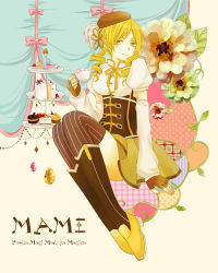Rule 34 | 10s, 1girl, arm warmers, bad id, bad pixiv id, beret, blonde hair, braid, breasts, cake, character name, copyright name, corset, cup, cupcake, curtains, drill hair, fingerless gloves, flower, food, gloves, hair ornament, hat, macaron, magical girl, mahou shoujo madoka magica, mahou shoujo madoka magica (anime), patterned legwear, pinstripe pattern, shoes, sitting, skirt, smile, solo, striped clothes, striped thighhighs, teacup, thighhighs, tiered serving stand, tiered tray, tomoe mami, twin braids, twin drills, twintails, vertical-striped clothes, vertical-striped thighhighs, yellow eyes