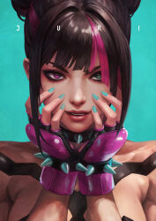 Rule 34 | 1girl, absurdres, capcom, female focus, fingerless gloves, gloves, han juri, heterochromia, highres, looking at viewer, monori rogue, nail polish, parted lips, short hair, solo, street fighter, street fighter 6, upper body