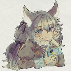 Rule 34 | 1girl, animal ears, blazer, blue eyes, blue hair, bow, bowtie, cellphone, dire wolf (kemono friends), extra ears, gloves, heart, highres, jacket, kemono friends, kemono friends v project, long hair, phone, pom384347, ribbon, shirt, simple background, smartphone, smile, solo, twintails, virtual youtuber, wolf ears, wolf girl