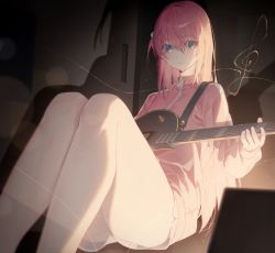 Rule 34 | 1girl, blue eyes, bocchi the rock!, closed mouth, cube hair ornament, dolphin shorts, electric guitar, g5 (g5 gugu), gotoh hitori, guitar, hair between eyes, hair ornament, highres, holding, holding instrument, indoors, instrument, jacket, long hair, musical note, one side up, pink hair, pink jacket, pink track suit, shadow, shorts, sitting, solo, track jacket, white shorts