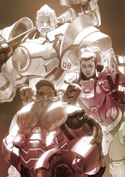 Rule 34 | 1girl, 2boys, armor, beard, brigitte (overwatch), eyepatch, facial hair, father and daughter, hammer, highres, looking at viewer, manly, monochrome, multiple boys, mustache, nesskain, over shoulder, overwatch, overwatch 1, prosthesis, prosthetic arm, reinhardt (overwatch), scar, serious, size difference, smile, thick eyebrows, torbjorn (overwatch), v, weapon, weapon over shoulder