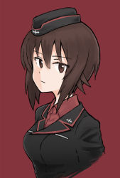 Rule 34 | 1girl, black hat, breasts, brown eyes, brown hair, cropped arms, cropped torso, expressionless, garrison cap, girls und panzer, hair between eyes, hat, kuromorimine military uniform, looking at viewer, medium breasts, military, military uniform, mutsu (layergreen), nishizumi maho, red background, solo, uniform