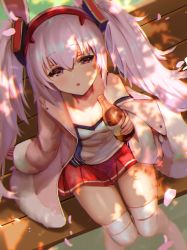 Rule 34 | 1girl, :o, animal ears, azur lane, blouse, bottle, breasts, cherry blossoms, cleavage, commentary, day, dolce (dolsuke), drunk, fake animal ears, falling petals, from above, hair between eyes, hairband, highres, holding, holding bottle, jacket, laffey (azur lane), light purple hair, long hair, looking at viewer, looking up, narrowed eyes, off shoulder, open mouth, outdoors, petals, pleated skirt, rabbit ears, red eyes, red skirt, shirt, sidelocks, skirt, sleepy, small breasts, solo, strap slip, thighhighs, thighs, tree shade, twintails, white thighhighs