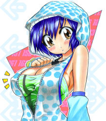 Rule 34 | 1girl, blue hair, blush, breasts, brown eyes, cleavage, dance dance revolution, detached sleeves, covered erect nipples, hood, hoodie, jewelry, large breasts, necklace, short hair, sideboob, sleeveless, sleeveless hoodie, solo, toshiba emi, unzipped