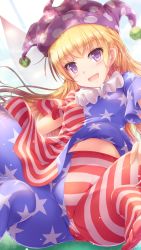 Rule 34 | 1girl, american flag dress, american flag legwear, blonde hair, blue background, breasts, clownpiece, commentary request, fairy wings, hat, highres, jester cap, long hair, looking at viewer, lzh, midriff peek, navel, neck ruff, no shoes, open mouth, pantyhose, polka dot, purple eyes, purple hair, short sleeves, sitting, small breasts, smile, solo, star (symbol), star print, striped, touhou, wings