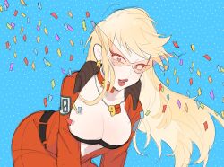 Rule 34 | 1girl, bent over, blonde hair, blue background, blush, breasts, cars (movie), choker, cleavage, commentary, earrings, english commentary, genderswap, genderswap (mtf), highres, jewelry, jumpsuit, kamina shades, large breasts, lightning bolt earrings, lightning bolt symbol, lightning mcqueen, long hair, looking at viewer, necklace, open jumpsuit, parted lips, pendant, personification, smile, solo, sunglasses, tokimekiwaku, triangular eyewear, very long hair