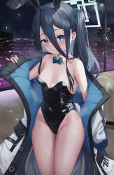 Rule 34 | 1girl, absurdres, animal ears, aris (blue archive), bare legs, bare shoulders, black hair, black hairband, black leotard, blue archive, blue eyes, blue hair, blue halo, blush, bow, bowtie, breasts, coat, covered navel, dark blue hair, detached collar, fake animal ears, flat chest, hair between eyes, hairband, halo, highleg, highleg leotard, highres, jacket, jixo (user nzhc8728), legs, leotard, long hair, long sleeves, looking at viewer, multicolored clothes, multicolored jacket, night, off shoulder, one side up, open clothes, open jacket, playboy bunny, rabbit ears, ringed eyes, small breasts, smile, solo, strapless, strapless leotard, tail, thighs, traditional bowtie, very long hair