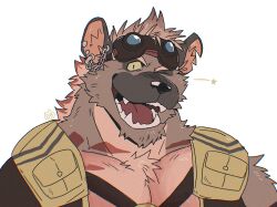 Rule 34 | 1boy, another eidos-r, artist logo, bara, bare pectorals, chest strap, commentary, ear piercing, english commentary, fangs, furry, furry male, gamubear, goggles, goggles on head, hyena boy, hyena ears, looking at viewer, male focus, nitro (another eidos), one eye closed, open mouth, pectorals, piercing, star (symbol), white background