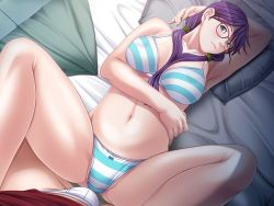 Rule 34 | 1boy, 1girl, armpits, arms up, bed, blue eyes, blush, bow, bow panties, bra, breasts, dominance, empress (studio), game cg, glasses, indoors, legs, long hair, looking at viewer, lying, navel, on back, panties, pillow, pov, purple hair, sei shoujo, spread legs, striped bra, striped clothes, striped panties, thighs, tomoko loma lewis, twintails, underwear