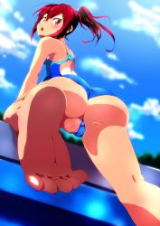 Rule 34 | 10s, 1girl, ass, bar censor, barefoot, blush, censored, clothing aside, cloud, competition swimsuit, feet, free!, from behind, from below, highres, kaburaya seiden, looking back, matsuoka gou, one-piece swimsuit, open mouth, partially visible vulva, pointless censoring, ponytail, pussy, pussy peek, red eyes, red hair, short hair, sky, soles, solo, swimsuit, swimsuit aside, toes, transparent censoring, wardrobe malfunction, wedgie
