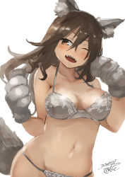 Rule 34 | 1girl, animal ears, animal hands, ashigara (kancolle), bra, brown eyes, brown hair, commentary request, cowboy shot, dated, gloves, grey bra, grey panties, kantai collection, long hair, one eye closed, panties, paw gloves, signature, simple background, solo, tail, toka (marchlizard), underwear, wavy hair, white background, wolf ears, wolf tail