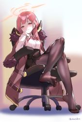 Rule 34 | 1girl, akaza, aru (blue archive), black pantyhose, blouse, blue archive, blush, bow, bowtie, chair, crossed legs, feet, hand on own chin, head rest, highres, long hair, looking at viewer, office chair, pantyhose, parted lips, pink eyes, pink hair, red bow, red bowtie, shirt, sitting, smile, soles, solo, swivel chair, toes, white shirt