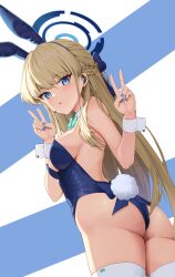 Rule 34 | 1girl, absurdres, animal ears, aqua bow, aqua bowtie, ass, blonde hair, blue archive, blue eyes, blue hairband, blue leotard, bow, bowtie, breasts, detached collar, double v, earpiece, fake animal ears, fake tail, hairband, halo, highleg, highleg leotard, highres, large breasts, leotard, long hair, looking at viewer, looking back, monmo mu, official alternate costume, playboy bunny, rabbit ears, rabbit tail, solo, strapless, strapless leotard, tail, thighhighs, toki (blue archive), toki (bunny) (blue archive), v, white thighhighs, white wrist cuffs, wrist cuffs