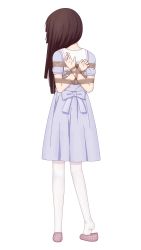 Rule 34 | 1girl, absurdres, arms behind back, bdsm, black hair, blue dress, blush, bondage, bound, dress, from behind, full body, highres, ichigoinsoul, long hair, matsumoto rise, pantyhose, simple background, solo, standing, white background, white pantyhose, yuru yuri