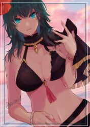 Rule 34 | 1girl, bikini, black bikini, black cape, blue eyes, blue hair, breasts, byleth (female) (fire emblem), byleth (female) (summer) (fire emblem), byleth (fire emblem), cape, cleavage, cloud, commentary request, fingernails, fire emblem, fire emblem: three houses, fire emblem heroes, flower, hair flower, hair ornament, hibiscus, large breasts, long hair, looking at viewer, mocha (motiko0419), navel, nintendo, official alternate costume, red flower, sky, solo, stomach, swimsuit, twitter username, very long hair, wet