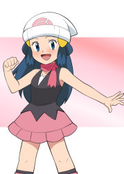 Rule 34 | 1girl, :d, bare arms, beanie, blue eyes, blue hair, boots, clenched hand, commentary, creatures (company), dawn (pokemon), eyelashes, game freak, hair ornament, hairclip, hand up, hat, kneehighs, knees, long hair, looking at viewer, nintendo, open mouth, outstretched arm, pink footwear, pink scarf, pink skirt, pokemon, pokemon (anime), pokemon dppt (anime), scarf, shirt, skirt, sleeveless, sleeveless shirt, smile, socks, solo, tongue, white hat, yume yoroi