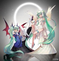Rule 34 | 2girls, angel, angel wings, bare shoulders, breasts, demon girl, demon wings, detached sleeves, dress, dual persona, fang, full body, green hair, hair between eyes, hatsune miku, high heels, highres, lack, long hair, looking at viewer, multiple girls, official art, open mouth, pantyhose, skin fang, small breasts, thigh strap, tongue, twintails, very long hair, vocaloid, wings, yellow eyes