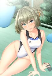 Rule 34 | 1girl, ame isshiki, arm support, blue eyes, brown hair, chain-link fence, collarbone, competition swimsuit, fence, gluteal fold, goggles, goggles around neck, green eyes, heterochromia, highleg, highleg swimsuit, idolmaster, idolmaster cinderella girls, kickboard, looking at viewer, mole, mole under eye, one-piece swimsuit, one side up, parted lips, short hair, sitting, solo, swimsuit, takagaki kaede, thigh gap, white one-piece swimsuit