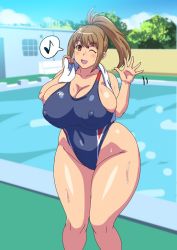 Rule 34 | 1girl, breasts, brown eyes, brown hair, bursting breasts, cleavage, competition swimsuit, covered erect nipples, curvy, high ponytail, huge breasts, kuruma hajime, long hair, looking at viewer, matching hair/eyes, one-piece swimsuit, one eye closed, open mouth, original, plump, ponytail, sideboob, smile, solo, standing, sweat, swimsuit, thick thighs, thighs, wide hips