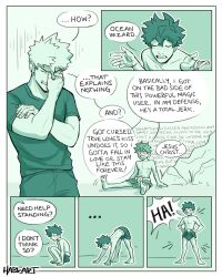 Rule 34 | ..., 2boys, alternate universe, bakugou katsuki, barefoot, body freckles, boku no hero academia, closed eyes, comic, commentary, english commentary, english text, freckles, green theme, habkart, hand on own face, highres, male focus, midoriya izuku, monochrome, multiple boys, open mouth, rock, shirt, short hair, short sleeves, shorts, sitting, smile, speech bubble, spiked hair, standing, t-shirt, topless male