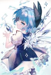 Rule 34 | 1girl, blue bow, blue dress, blue eyes, blue hair, blush, bow, cirno, closed mouth, commentary request, dress, eyelashes, frown, hair bow, highres, ice, ice wings, looking at viewer, neck ribbon, pinafore dress, pout, puffy short sleeves, puffy sleeves, red ribbon, ribbon, rooseputo 02, short hair, short sleeves, simple background, sleeveless dress, solo, sparkle, touhou, white background, wings