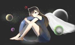 Rule 34 | 1girl, blue eyes, dress, full body, highres, ivy (3374298), long hair, looking at viewer, meitantei conan, mouri ran, one eye closed, planet, sitting, smile, solo, space, star (symbol), wings