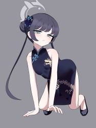 Rule 34 | 1girl, bare shoulders, black hair, blue archive, blush, breasts, china dress, chinese clothes, dragon print, dress, grey background, grey eyes, hair bun, hair ornament, halo, highres, kisaki (blue archive), long hair, looking at viewer, odaneru apart, simple background, single hair bun, sleeveless, sleeveless dress, small breasts, solo
