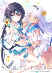 Rule 34 | 2girls, aqua ribbon, aqua skirt, bare legs, black hair, blue eyes, blue ribbon, blue sailor collar, blush, breasts, closed mouth, collarbone, comiket 96, commentary request, cover, crop top, crop top overhang, flower, frilled bracelet, green eyes, hair between eyes, hair flower, hair ornament, hair ribbon, hairclip, hand up, hands up, heart, highres, holding, holding umbrella, humuyun, kneeling, long hair, looking at viewer, midriff, miniskirt, multiple girls, na-ga, navel, original, panties, parted lips, ribbon, sailor collar, skirt, small breasts, stomach, sunflower, sunflower hair ornament, thigh strap, thighs, transparent, transparent umbrella, umbrella, underwear, very long hair, white background, white hair, white panties, white sailor collar, white skirt