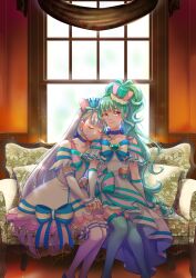 Rule 34 | 2girls, absurdres, aqua hair, aqua hairband, aqua hat, aqua thighhighs, blue choker, blue crown, blue hairband, bow, brooch, choker, closed eyes, collarbone, couch, crown, crown bow, crown earrings, cure lillian, cure nyammy, dress, dress bow, earrings, facing viewer, hairband, hat, hat bow, head on another&#039;s shoulder, heart, heart brooch, highres, holding hands, jewelry, light smile, long hair, looking at viewer, magical girl, mini crown, mini hat, multicolored bow, multiple girls, nekoyashiki mayu, nekoyashiki yuki, on couch, pink bow, pink eyes, pointed crown, pouch, precure, ribbon choker, side ponytail, sitting, striped bow, thighhighs, waka (negronoir), white arm warmers, white dress, white hair, white thighhighs, window, wonderful precure!, zettai ryouiki