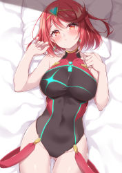 Rule 34 | 1girl, black one-piece swimsuit, breasts, chest jewel, competition swimsuit, covered collarbone, gem, headpiece, highres, jiino, large breasts, one-piece swimsuit, pyra (pro swimmer) (xenoblade), pyra (xenoblade), red eyes, red hair, red one-piece swimsuit, ribbed swimsuit, short hair, solo, strapless, strapless one-piece swimsuit, striped clothes, striped one-piece swimsuit, swept bangs, swimsuit, tiara, two-tone swimsuit, vertical-striped clothes, vertical-striped one-piece swimsuit, xenoblade chronicles (series), xenoblade chronicles 2