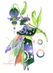 Rule 34 | 1boy, androgynous, antennae, artist name, cape, cloak, fairy wings, flower, green cape, green cloak, green flower, green footwear, green hair, green shirt, green wings, holding, holding flower, ink (medium), long sleeves, male focus, maruti bitamin, mini person, miniboy, multicolored hair, original, painting (medium), puffy long sleeves, puffy sleeves, purple flower, purple hair, purple wings, red eyes, red wings, shirt, simple background, solo, traditional media, two-tone hair, watercolor (medium), white background, wings