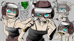 &lt;o&gt;_&lt;o&gt; 1girl arm_hair black_shirt blonde_hair blue_eyes brown_helmet brown_pants c&#039;venash_vishneri clenched_teeth collarbone grey_background grin hammer helmet highres looking_at_viewer lunskie mouth_hold multiple_views pants psychopomp_(game) shirt short_hair simple_background sleeveless sleeveless_shirt smile spaghetti_strap sweat teeth wide-eyed