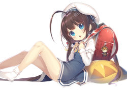 Rule 34 | 1girl, ahoge, backpack, bag, bag charm, beret, blue dress, blue eyes, blush, bobby socks, brown hair, charm (object), commentary request, dress, gurasion (gurasion), hat, head tilt, hinatsuru ai, holding, kuzuryuu yaichi, layered sleeves, long hair, long sleeves, low twintails, no shoes, open mouth, puffy short sleeves, puffy sleeves, randoseru, ryuuou no oshigoto!, short over long sleeves, short sleeves, socks, solo, twintails, very long hair, white background, white hat, white socks