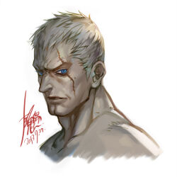 Rule 34 | 1boy, artist request, blue eyes, bryan fury, check artist, cropped head, double chin, frown, looking at viewer, male focus, mature male, muscular, muscular male, nude, short hair, sideburns, solo, tekken, white background, white hair, yi lee