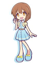 Rule 34 | 1girl, blue dress, blue footwear, bob cut, bow, breasts, brown bow, brown eyes, brown hair, clenched hand, dot nose, dress, footwear ribbon, full body, hagiwara yukiho, hand up, highres, idolmaster, idolmaster (classic), idolmaster million live!, idolmaster million live! theater days, jacket, looking at viewer, maharagi 375p, medium breasts, open clothes, open hand, open jacket, open mouth, puyopuyo, ribbon, shadow, shoes, short hair, simple background, smile, solo, waist bow, white background, yellow jacket, yellow ribbon