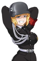 Rule 34 | 1girl, arms behind head, arms up, aryana schutze, blonde hair, blue eyes, breasts, germany, grin, hideyoshiao1, highres, large breasts, looking at viewer, military, military uniform, nazi, short hair, smile, smug, tomboy, uniform