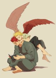 Rule 34 | 2boys, barefoot, beard, blonde hair, boku no hero academia, book, burn scar, endeavor (boku no hero academia), facial hair, feathered wings, feathers, goatee, hawks (boku no hero academia), holding, holding book, indian style, leaning forward, leaning on person, male focus, multiple boys, on floor, osutoraria (1ndi g0), pants, reading, red feathers, red hair, scar, scar across eye, scar on face, simple background, sitting, size difference, sweatpants, sweater, wings