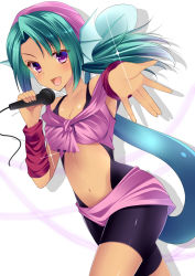 Rule 34 | 1girl, :d, agekichi (heart shape), aqua hair, arm warmers, bad id, bad pixiv id, bare shoulders, blush, breasts, cable, cleavage, clothing cutout, crop top, dark-skinned female, dark skin, fang, fingernails, fish girl, foreshortening, from side, front-tie top, green hair, happy, holding, juri (yu yu hakusho), long fingernails, long hair, low ponytail, medium breasts, microphone, midriff, monster girl, navel, navel cutout, open mouth, outstretched arm, ponytail, purple eyes, sarong, shadow, simple background, smile, solo, sparkle, tail, unitard, white background, yuu yuu hakusho