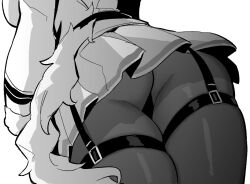 Rule 34 | 1girl, ass, ass focus, azur lane, azur lane: slow ahead, chapayev (azur lane), close-up, from behind, from below, greyscale, hori (hori no su), monochrome, pantyhose, pleated skirt, skirt, thigh strap