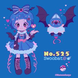 Rule 34 | 1girl, black footwear, black gloves, black wings, blue background, blue bow, blue dress, blunt bangs, blush, boots, bow, breasts, character name, cleavage, cleavage cutout, clothing cutout, collar, creatures (company), dress, earrings, fangs, full body, fur trim, game freak, gen 5 pokemon, gloves, hair bow, hair ornament, hairclip, heart, heart earrings, highres, jewelry, looking at viewer, low wings, moemon, narumame, nintendo, personification, poke ball, poke ball (basic), pokedex number, pokemon, pokemon (creature), simple background, single glove, sleeveless, smile, standing, swoobat, twitter username, wings