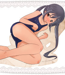 Rule 34 | 1girl, bad id, bad pixiv id, barefoot, black hair, blush, border, brown eyes, doily, hoshi mirin, k-on!, lace, lace border, long hair, lying, nakano azusa, on side, one-piece swimsuit, one-piece tan, ornate border, school swimsuit, solo, swimsuit, tan, tanline
