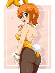 Rule 34 | 10s, 1girl, alternate costume, animal ears, ass, backless outfit, bare shoulders, blush, breasts, brown pantyhose, detached collar, dragon collection, embarrassed, fake animal ears, green eyes, konpeto, large breasts, leotard, nabiko, naviko, open mouth, orange hair, outside border, pantyhose, playboy bunny, rabbit ears, rabbit tail, short hair, solo, tail, wrist cuffs
