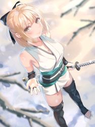 Rule 34 | 1girl, absurdres, ahoge, bad id, bad pixiv id, black bow, black thighhighs, blonde hair, bow, breasts, bridal gauntlets, cleavage, closed mouth, collarbone, fate (series), from above, hair bow, highres, holding, holding sheath, japanese clothes, katana, kimono, medium breasts, naruse0819, okita souji (fate), okita souji (koha-ace), outdoors, sheath, sheathed, short hair, short kimono, sleeveless, sleeveless kimono, smile, snowing, solo, standing, sword, thighhighs, weapon, white kimono, yellow eyes