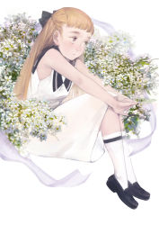 Rule 34 | 1girl, bad id, bad pixiv id, bare arms, blonde hair, blunt bangs, dress, expressionless, flower, from side, full body, hair ribbon, half updo, lip (lih8), loafers, long hair, original, ribbon, shoes, sitting, socks, solo, white dress, white socks
