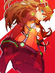 Rule 34 | 00s, 1girl, bad id, bad pixiv id, blue eyes, blush stickers, bodysuit, bracer, breasts, brown hair, covered navel, cowboy shot, evangelion: 2.0 you can (not) advance, floating hair, foreshortening, from below, from side, gloves, glowing, hair between eyes, hairpods, hand on own hip, headgear, hexagon, hip focus, interface headset, legs together, long hair, looking at viewer, looking down, madofuchi, multicolored clothes, narrow waist, neon genesis evangelion, neon trim, orange hair, outline, parted lips, pilot suit, plugsuit, rebuild of evangelion, red background, see-through, small breasts, solo, souryuu asuka langley, standing, test plugsuit, turtleneck, two side up, white background