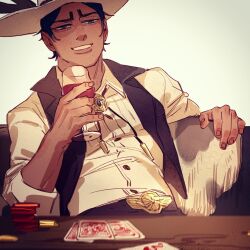 Rule 34 | 1boy, alcohol, alternate universe, black eyes, black hair, bolo tie, brown vest, card, chengongzi123, collared shirt, collared vest, commentary, cowboy, cowboy hat, cowboy western, cup, dark-skinned male, dark skin, drinking glass, english commentary, golden kamuy, grin, hands up, hat, highres, holding, holding cup, koito otonoshin, looking at viewer, male focus, playing card, poker chip, shirt, short hair, sitting, smile, table, two of hearts, upper body, very short hair, vest, western, wine, wine glass