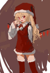 Rule 34 | 1girl, :d, absurdres, alternate color, alternate costume, alternate headwear, arm behind back, blonde hair, brown background, christmas, collared shirt, drawstring, dress, fang, feet out of frame, flandre scarlet, from side, fur-trimmed dress, fur-trimmed headwear, fur-trimmed legwear, fur trim, hair between eyes, hand up, hat, highres, long hair, long sleeves, looking at viewer, looking to the side, nail polish, no lineart, open mouth, pinafore dress, pom pom (clothes), red dress, red eyes, red hat, red nails, red thighhighs, reddizen, santa hat, shirt, short dress, side ponytail, sketch, skin fang, sleeveless, sleeveless dress, slit pupils, smile, solo, standing, thighhighs, touhou, white shirt, wing collar, zettai ryouiki